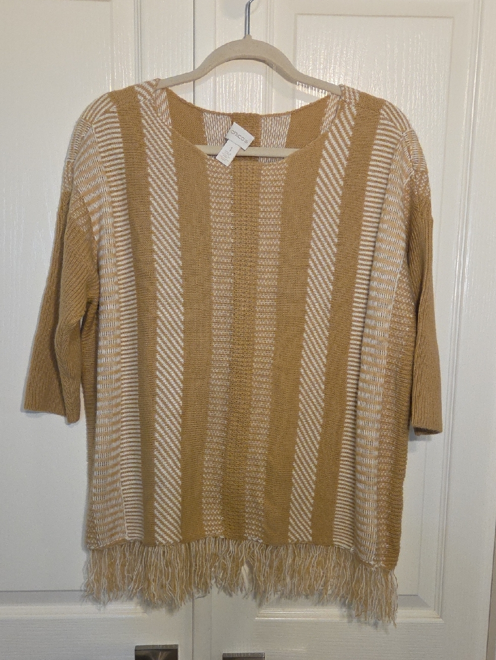 Chico's Striped Fringe-Hem Sweater - Tan & Cream